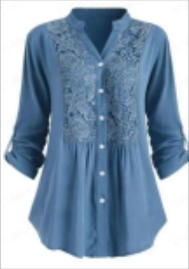 Women's Long Sleeve V-Neck Shirt Plus Size Lace Shirt