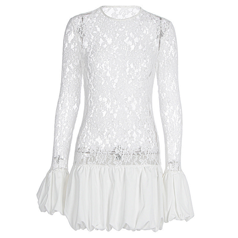 Women's Clothing Fashion Long Sleeve See-through Lace Dress