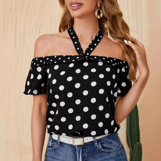 Polka Dot Off-shoulder Ribbon Halter Shirt Top For Women