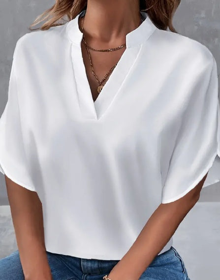 Lightweight Solid Color Notch Neck Blouse - Stylish Short Split Sleeves For Spring & Summer - Trendy Womens Casual Top