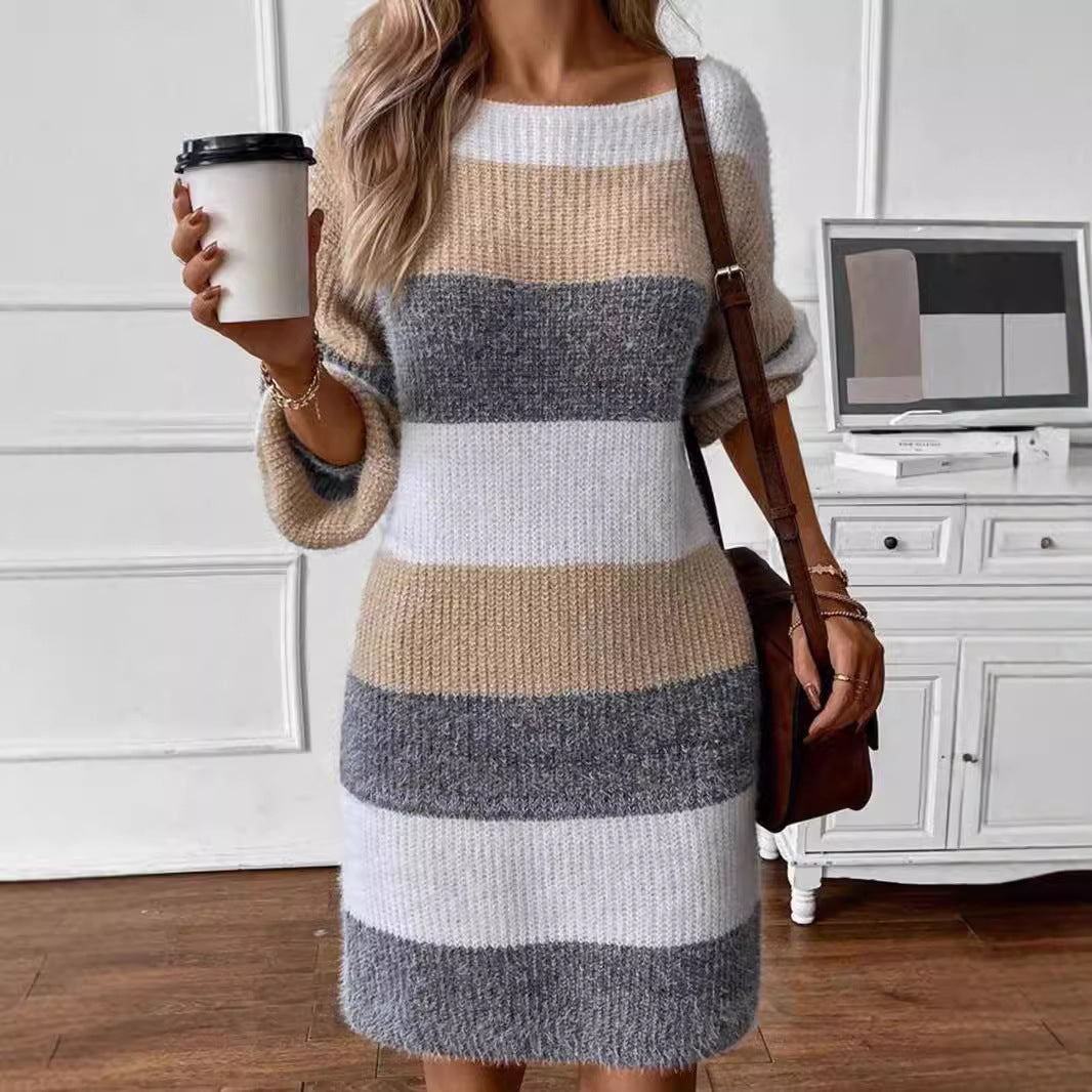 Women's Versatile Contrast Color Striped Dress Sweater