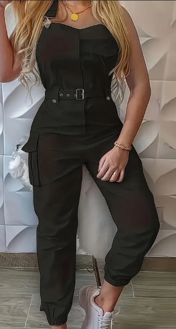 Solid Flap Pocket Belted Overall Jumpsuit, Casual Buckle Detail Loose Jumpsuit, Women's Clothing