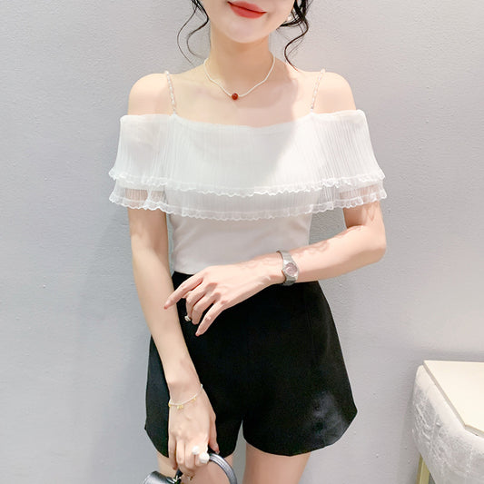 Pleated Lace Stitching Off-neck Sweet Short Sleeve